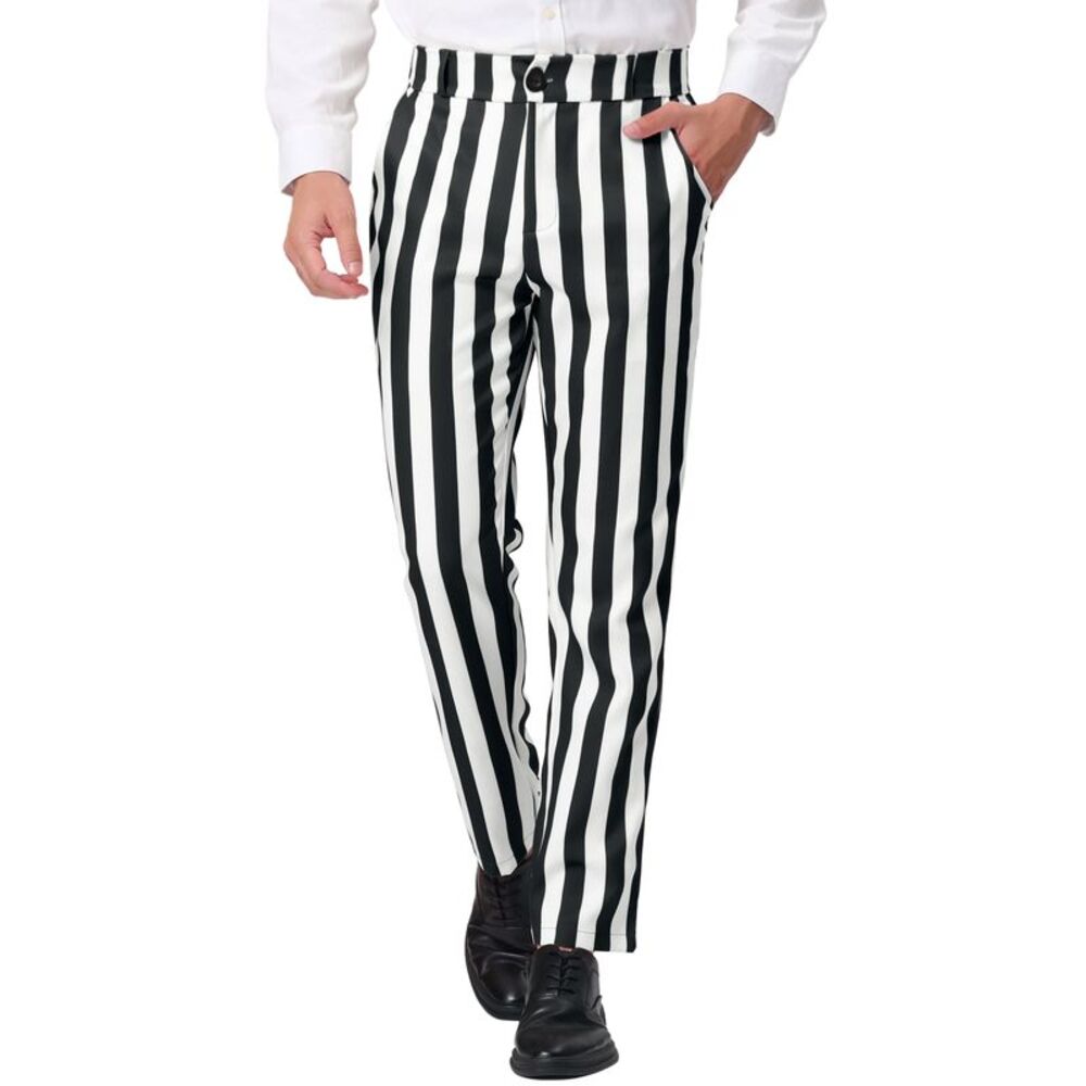 Striped Dress Pant Classic Fit Flat Front Business Work Prom Trousers BlackWhite